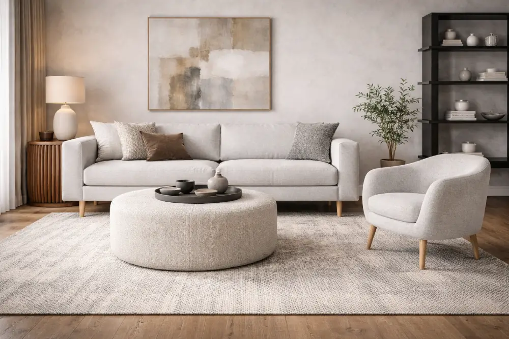 sala de estar escandinava con diferentes texturas